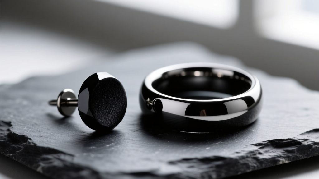 Macro photography of a matte black zirconia ceramic stud and a glossy PVD black titanium seamless hoop on dark slate stone