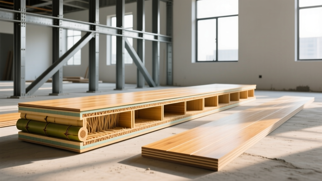 Cross-section of engineered bamboo structural panels and flooring planks on a modern construction site with steel framing.