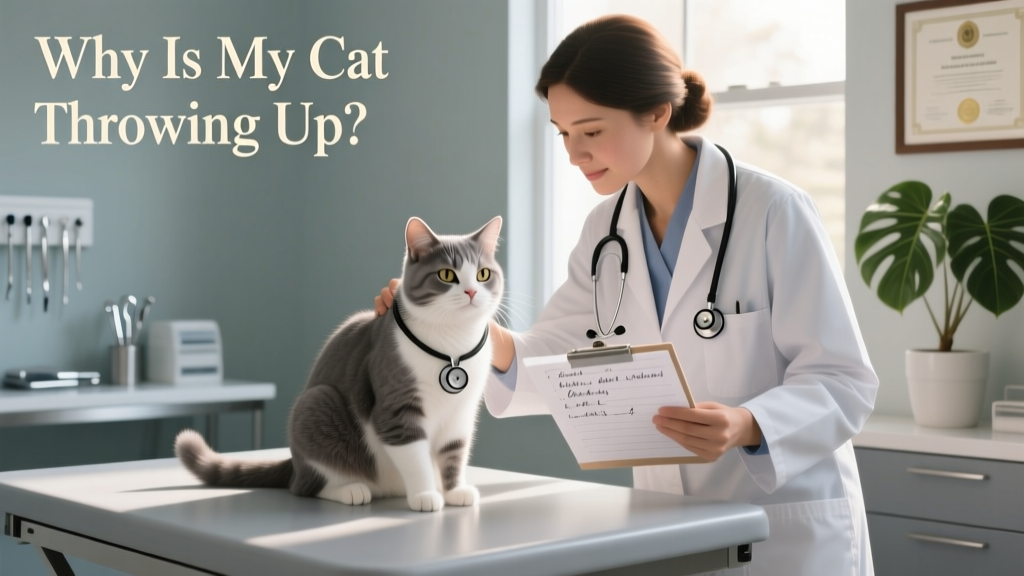 Veterinarian gently examining a calm cat on an exam table, with a stethoscope and chart nearby