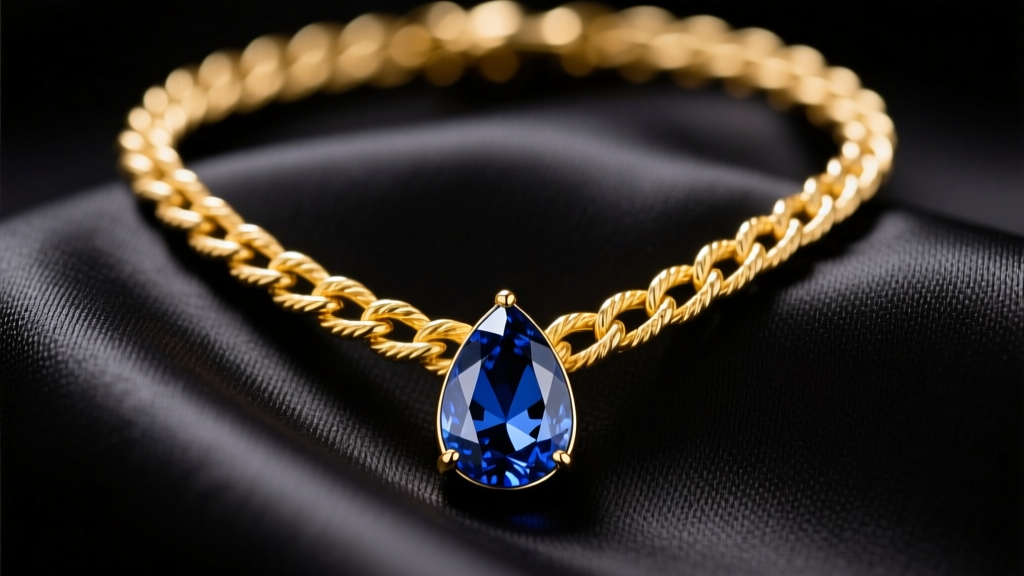 Close-up of a 14k yellow gold rope chain hanging necklace with a heavy teardrop sapphire pendant resting on dark silk fabric.