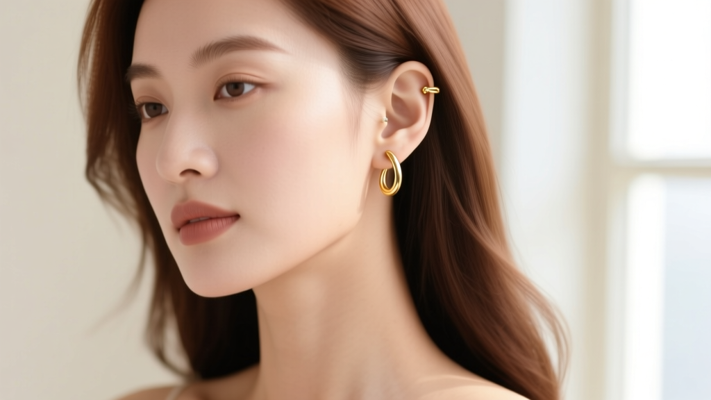 Profile of a woman wearing lightweight gold ear cuffs and studs, showing ergonomic jewelry designed to prevent tension headaches.