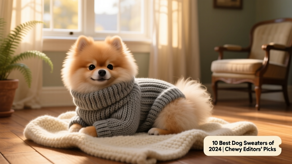 A fluffy Pomeranian wearing a thick grey turtleneck sweater, curled up on a wool blanket near a window