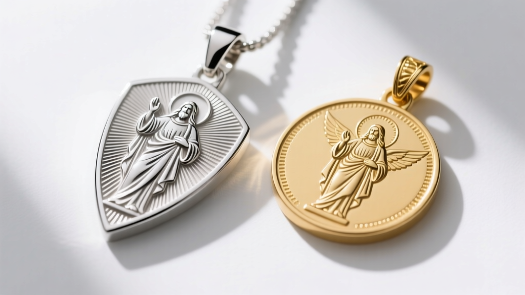 Macro shot of a laser-etched silver Saint Christopher pendant beside a die-struck gold version, highlighting engraving depth.