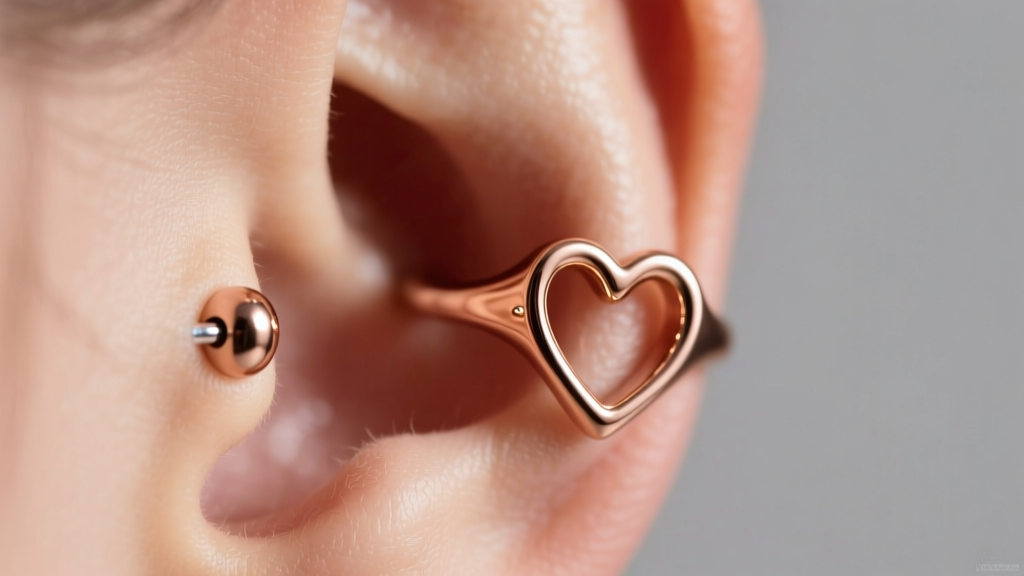 Close-up of a 16-gauge rose gold daith heart clicker ring nestled in inner ear cartilage, illuminated by soft studio lighting