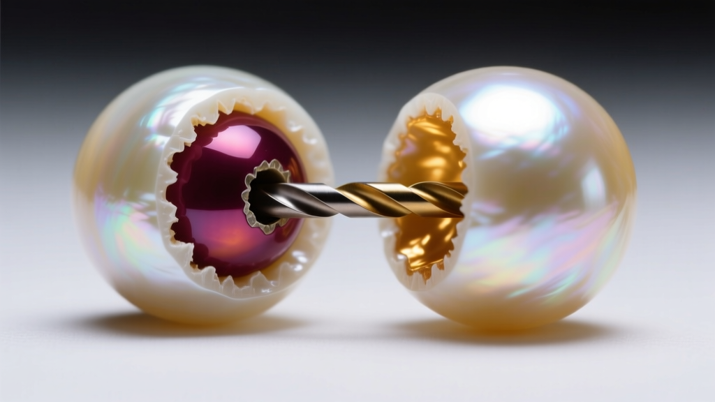 Macro shot of a pearl drill hole revealing a dyed core beside a high-quality undyed freshwater pearl with thick, glowing nacre.