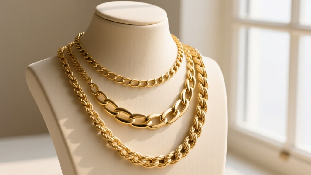 Three layered gold necklaces on a bust, featuring a 16-inch snake chain, an 18-inch cable chain, and a 22-inch rope chain