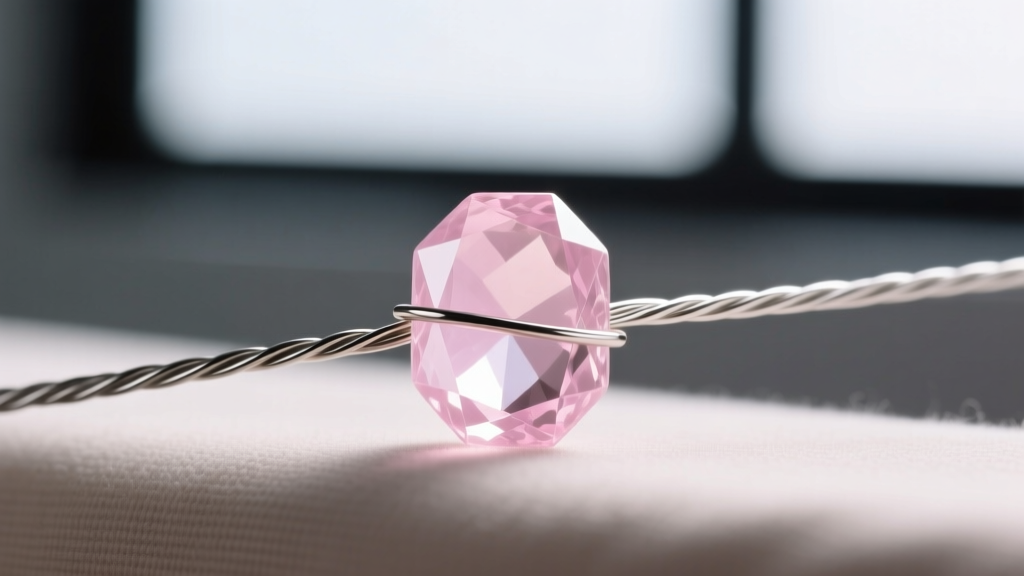 Macro shot of 0.015-inch stainless steel beading wire threaded through a translucent pale pink Madagascar rose quartz chip
