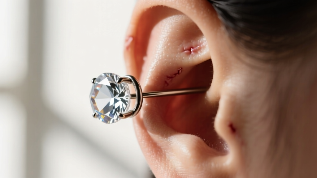 Macro shot of 16-gauge clear quartz hoop in a healed helix piercing, highlighting the seamless hinge and crystal clarity.