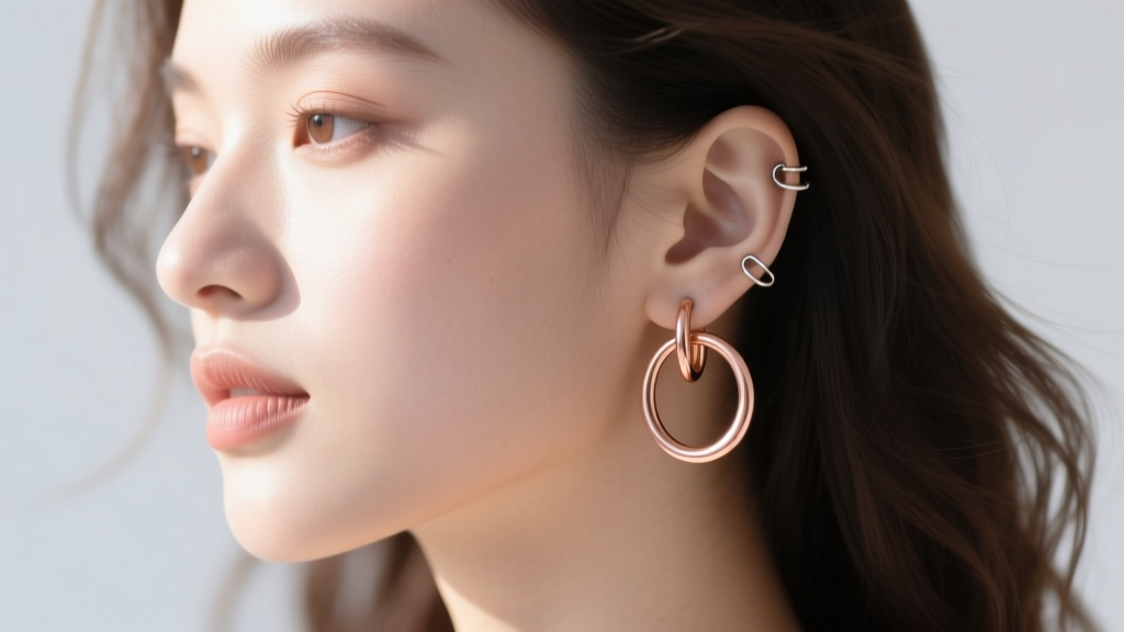 Side profile of a model wearing layered lobe and tragus piercings with 10mm rose gold C hoop earrings in natural daylight
