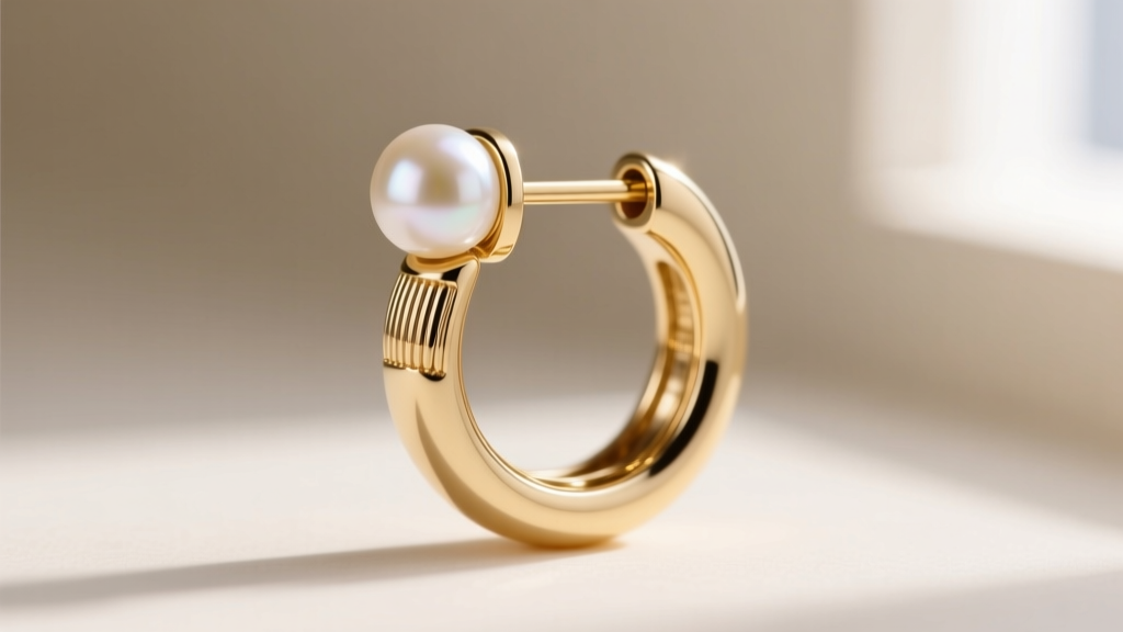 Macro view of an 18k white gold latch-back closure on a small pearl hoop earring, showing the precision groove and locking pin.
