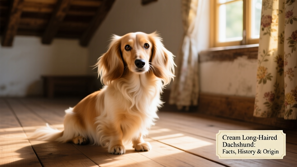 A serene cream long-haired Dachshund sitting on a sunlit wooden floor, showcasing its flowing coat and expressive eyes