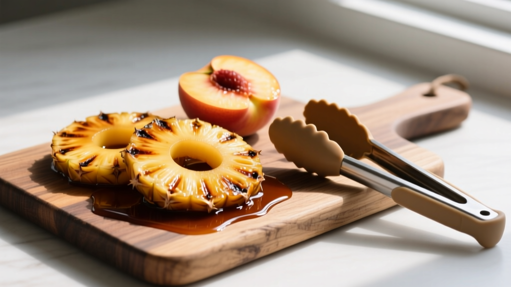 Grilled pineapple rings and peach halves glazed with balsamic reduction on a wooden cutting board next to silicone-tipped tongs