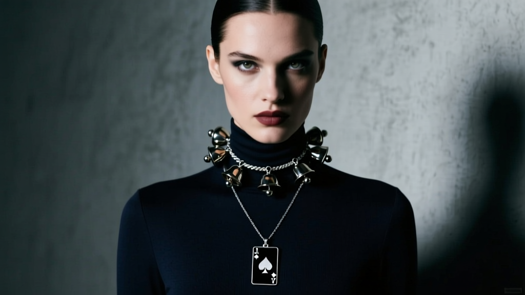 Model in a dark turtleneck wearing a layered jester bell choker and a black rhodium joker card pendant, moody editorial lighting