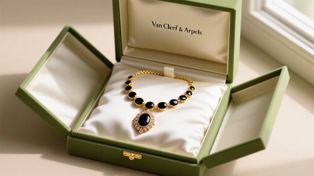 Open green Van Cleef gift box revealing an 18k gold and black onyx Vintage Alhambra necklace resting on a white satin pillow.