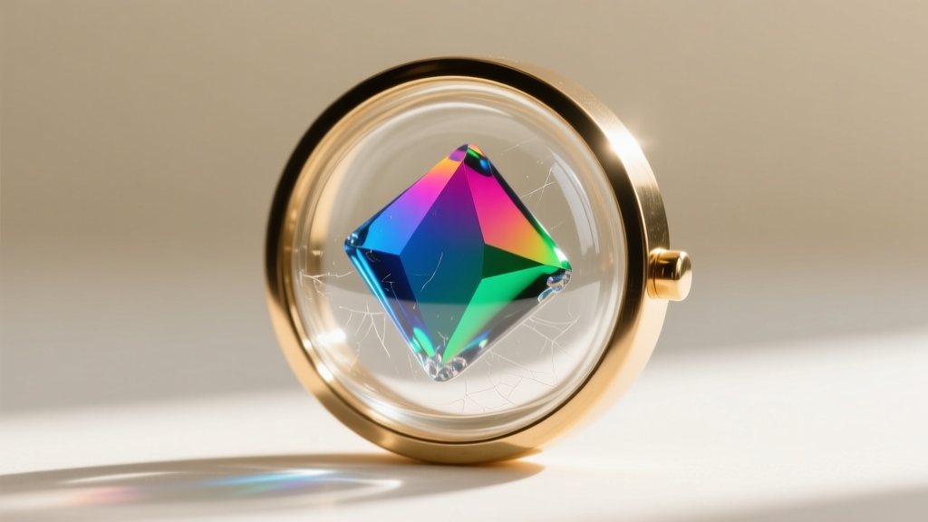 Macro photo of thermochromic liquid crystals inside a clear glass capsule, set in a polished brass bezel with bright lighting.
