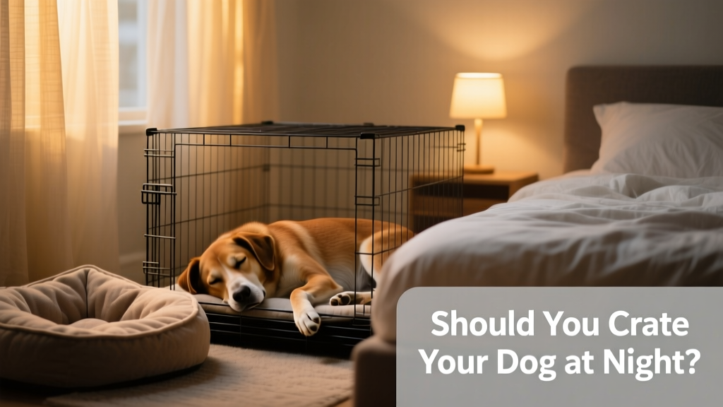 A calm adult dog sleeping peacefully in an open crate beside a human’s bed, with a cozy bed and dim ambient lighting