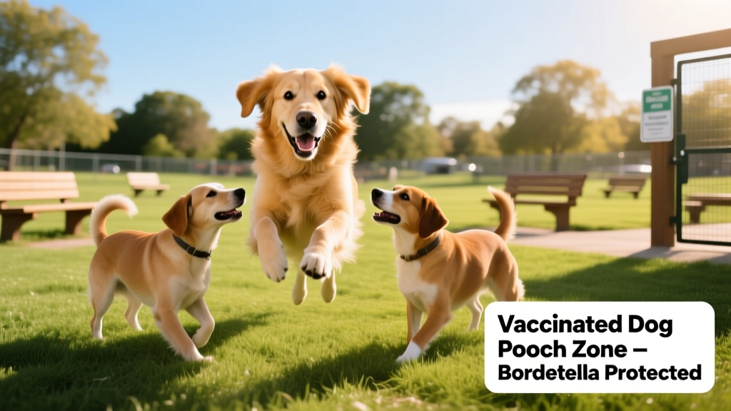 Happy, playful dog interacting safely with other dogs at a supervised park, symbolizing vaccine-protected socialization