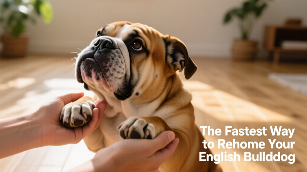Two hands gently holding an English Bulldog's paws while she looks up warmly, symbolizing trust and careful transition