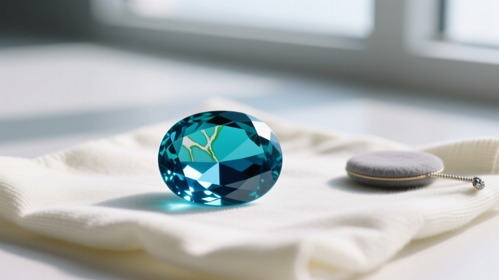 Macro shot of a polished Sleeping Beauty turquoise cabochon, smooth polish, resting beside a microfiber cloth and a small jewelry polishing pad.