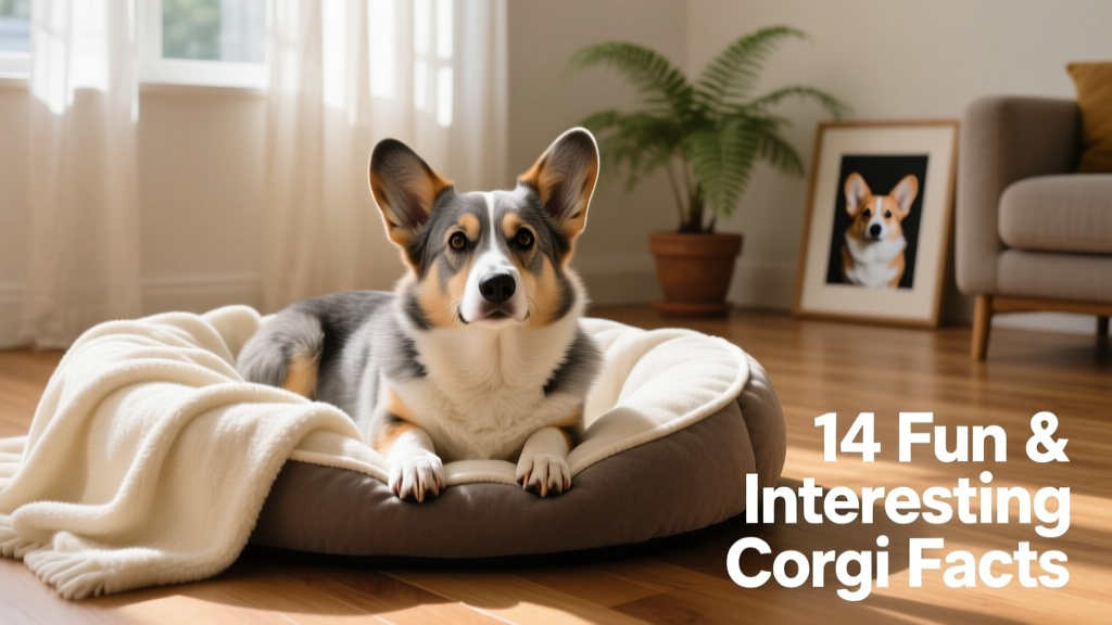 An older, gray-muzzled Corgi resting peacefully beside a cozy dog bed and soft blanket