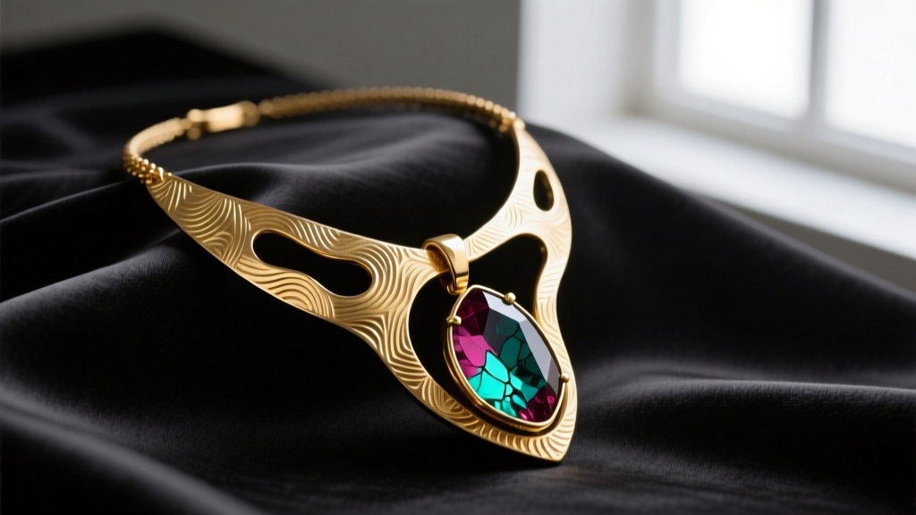 Hand-forged 18k gold sculptural necklace with deep reticulation textures and asymmetrical raw tourmaline pendant on dark silk.