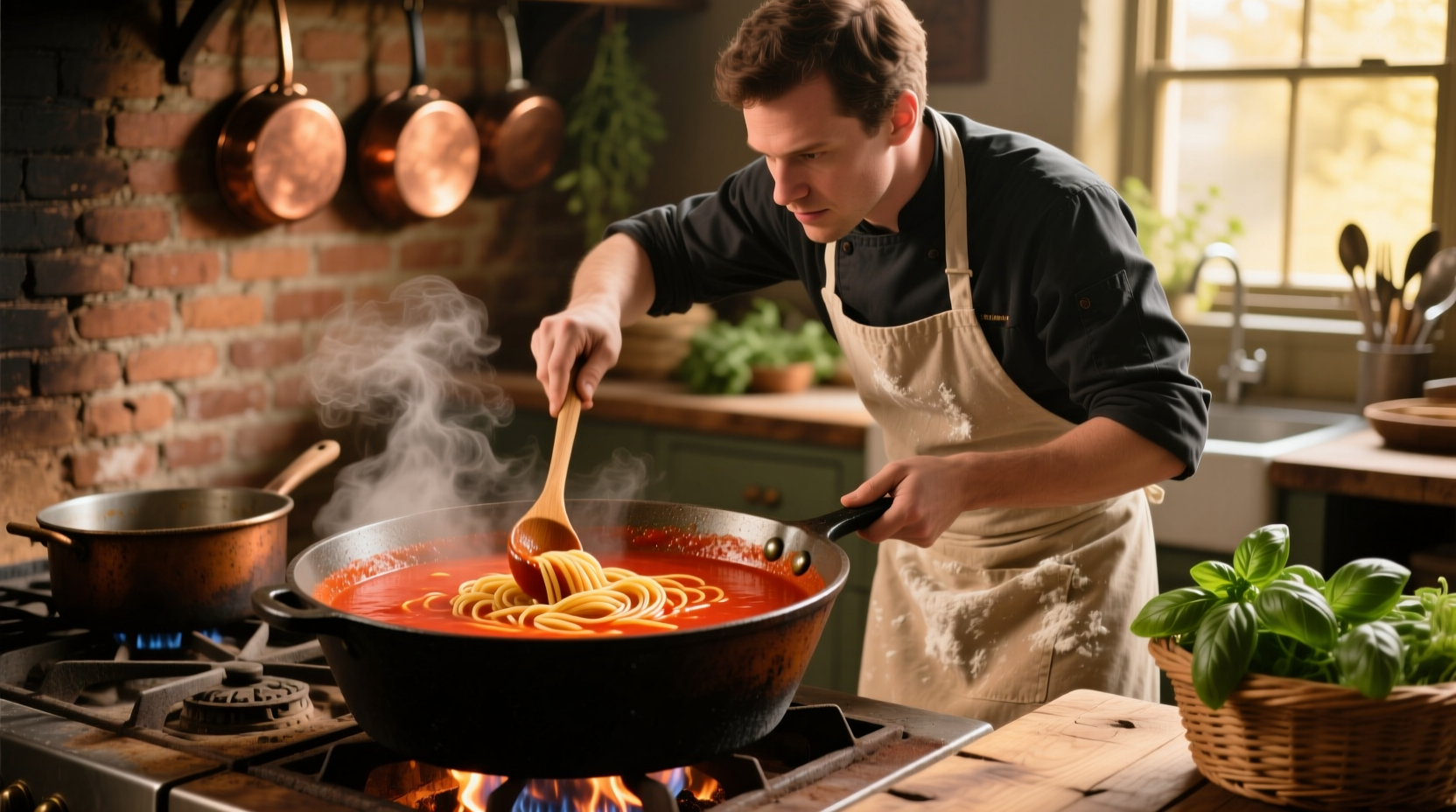 Chef stirring vibrant tomato pasta soup in cast iron pot
