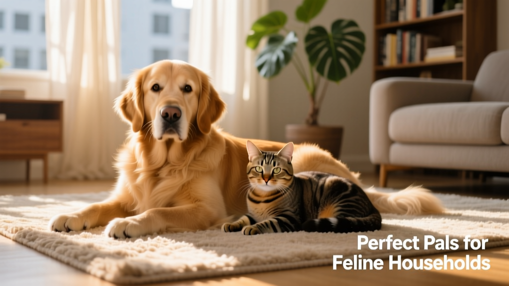 A calm Golden Retriever sitting beside a relaxed tabby cat on a sunlit living room rug