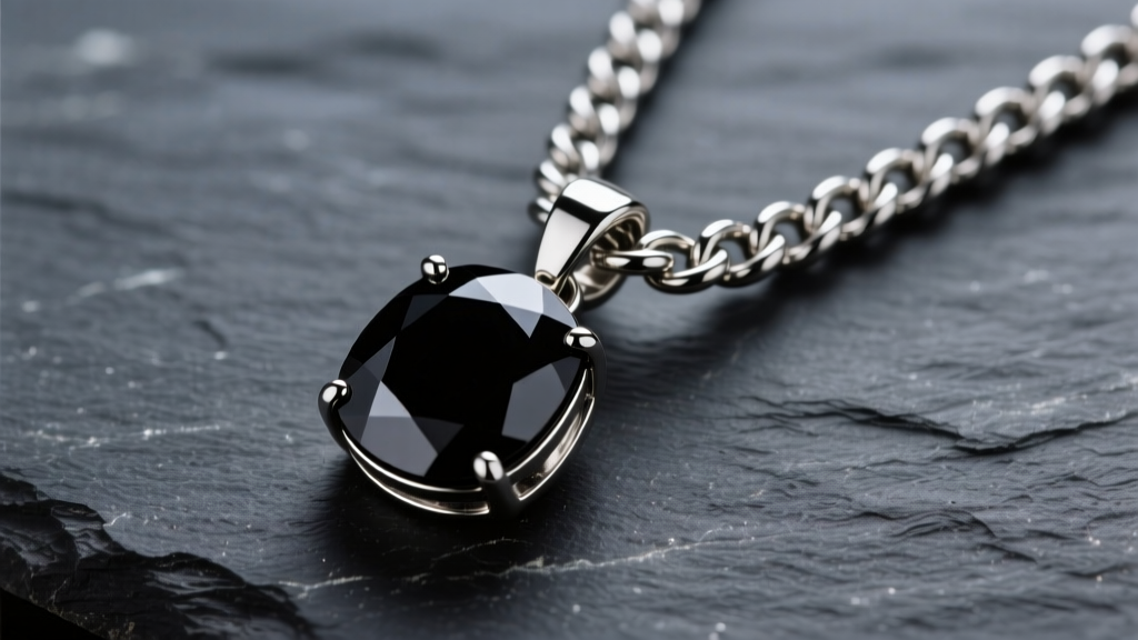 Close-up of a mens black onyx birthstone pendant on a thick 316L stainless steel cuban link chain, resting on dark slate.