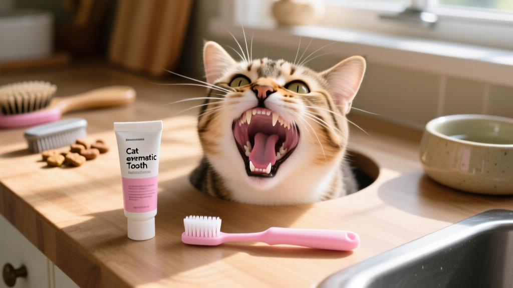 Top-down view of a cat’s mouth with visible teeth, next to a small tube of enzymatic cat toothpaste and a pinky-sized finger toothbrush