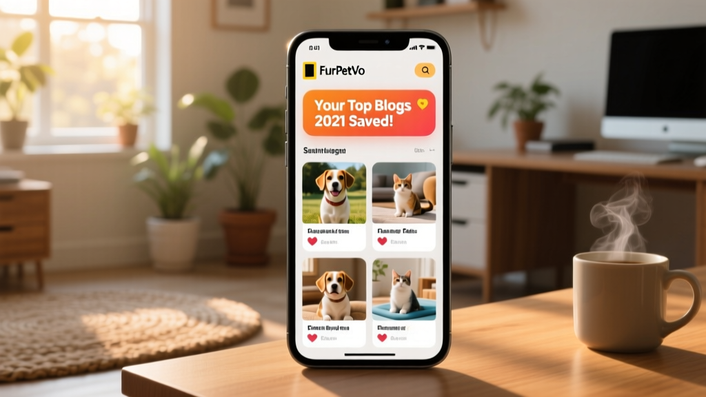 Screenshot-style graphic showing the FurPetVo app interface with a saved search notification