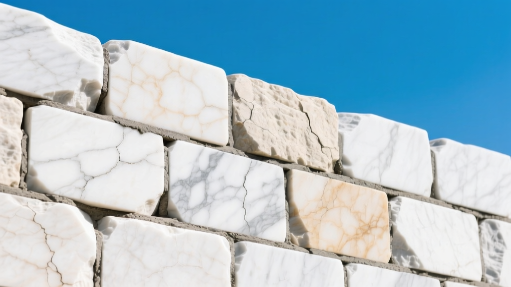 Close-up of weathered white Cockeysville marble blocks with distinct color variation and mortar joints against a clear blue sky