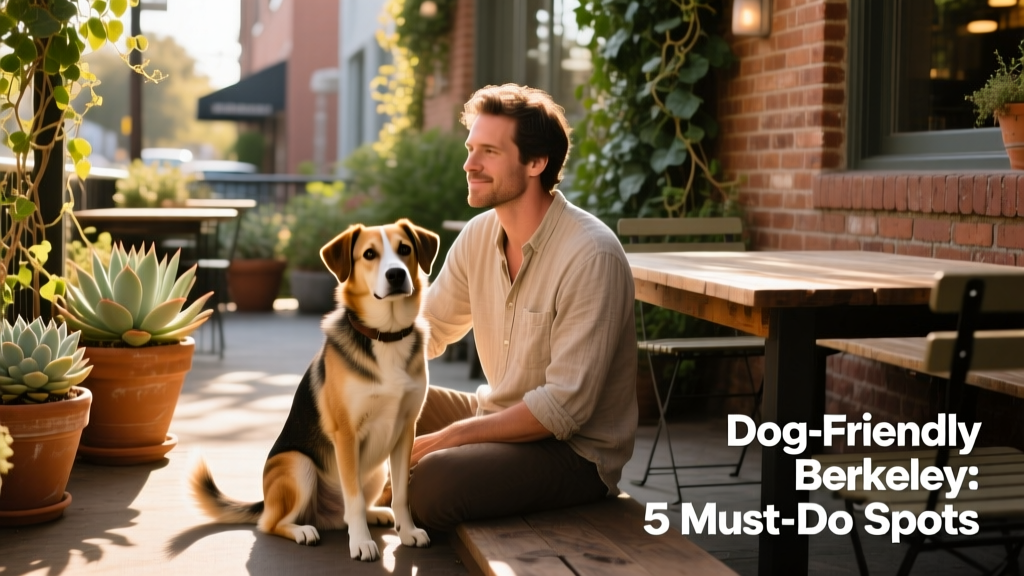 Dog sitting calmly beside its owner at a sunny, plant-filled brewery patio
