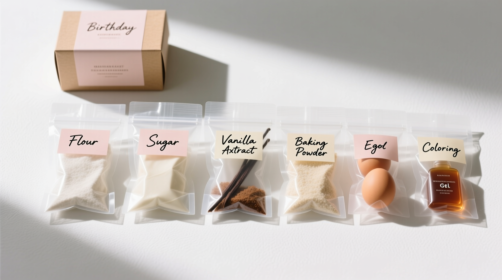 Birthday cake kit ingredients in labeled bags
