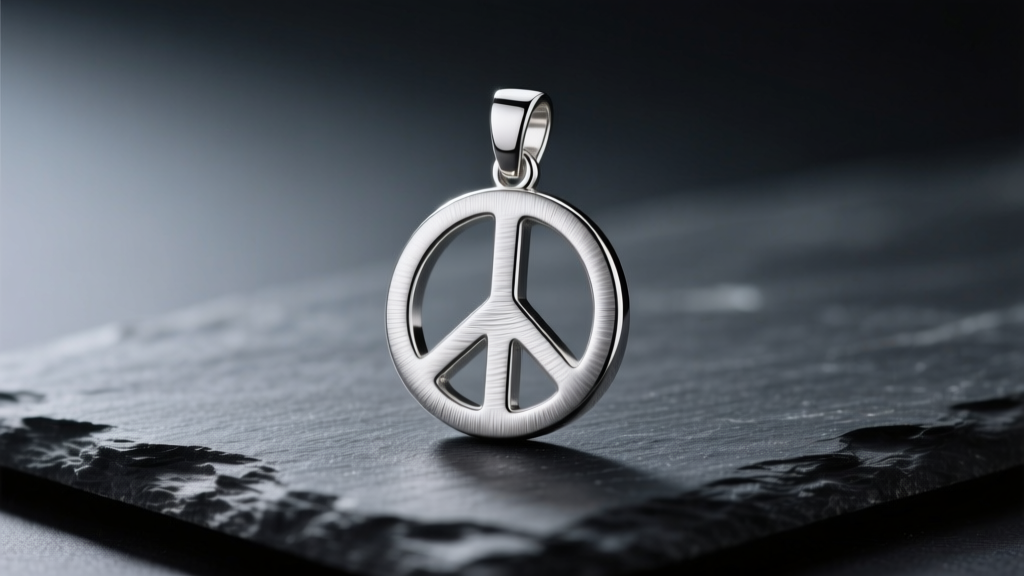 Close-up of a brushed 925 sterling silver peace symbol necklace resting on dark slate with soft, moody directional lighting.
