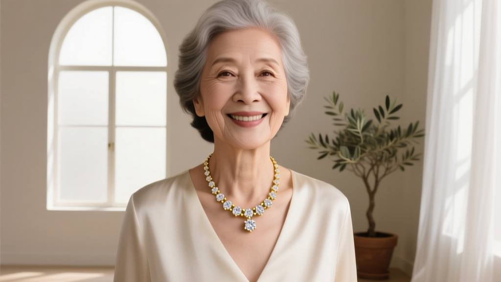 Elegant older woman wearing a delicate 18k yellow gold diamond pendant necklace, soft natural window lighting, smiling warmly.