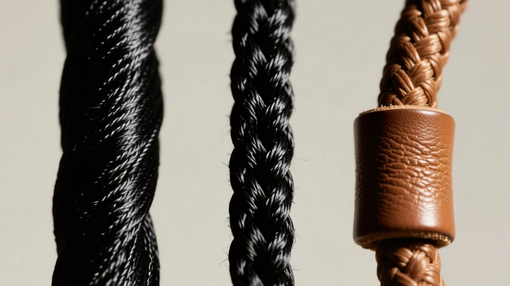 Side-by-side macro shot of black silk thread, braided nylon cord, and round leather cord, highlighting distinct surface textures.