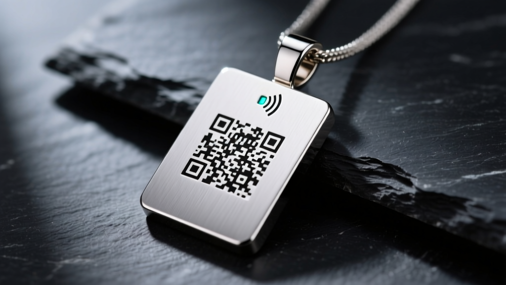Close-up of a brushed steel pendant on dark slate, featuring a laser-engraved QR code and a subtle embedded NFC chip indicator.