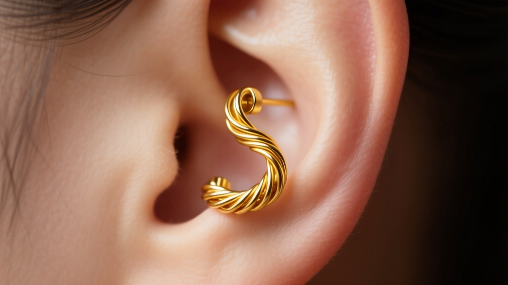 Macro shot of 18k yellow gold climber earring on an ear lobe, highlighting S-curve wire tension mechanism, soft studio lighting.