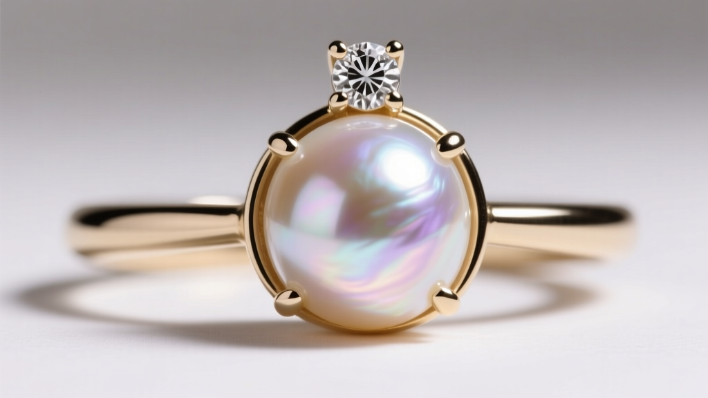 Close-up of a 14k white gold diamond bail holding a large pearl, showing a secure peg-and-cup setting and thick nacre edge.