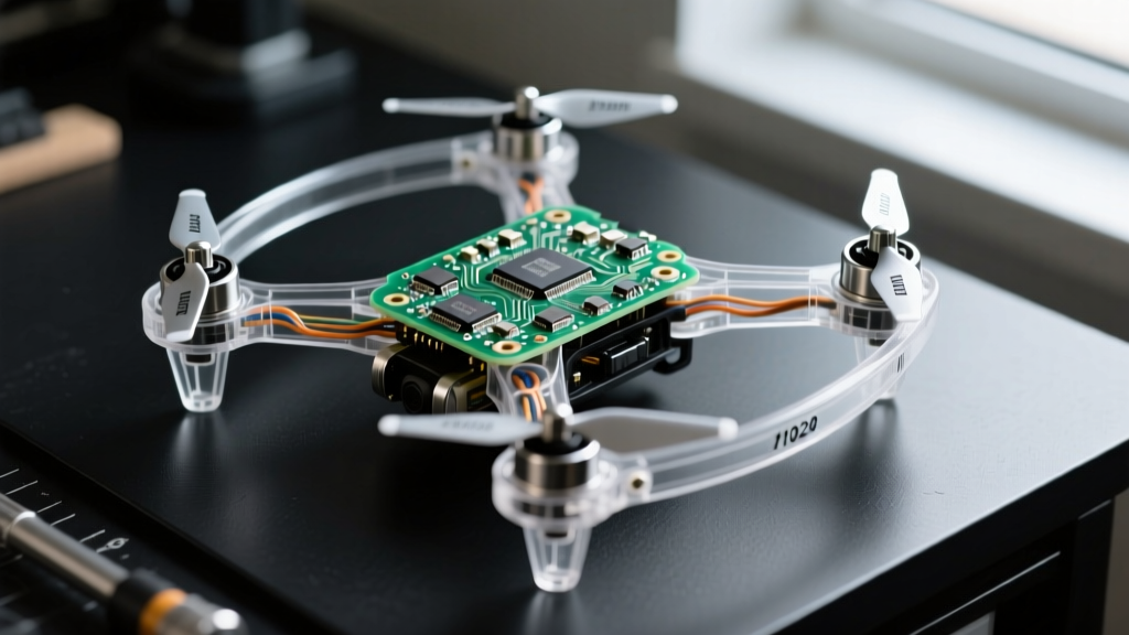 Close-up of a 2026 barebones micro-drone with exposed PCB, transparent 65mm frame, and 1102 brushless motors on a dark workbench.