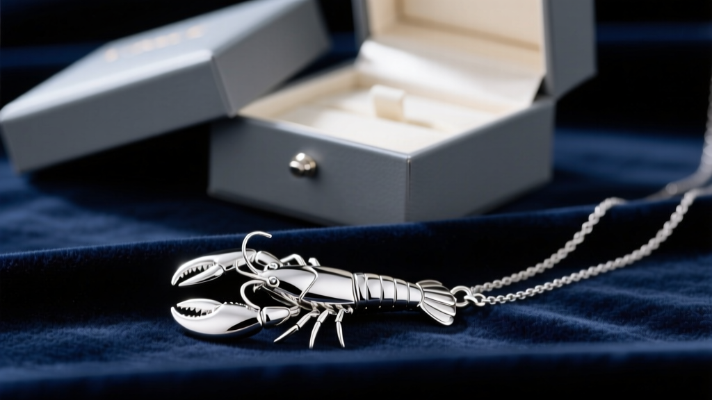 Close-up of a rhodium-plated sterling silver necklace extender with a lobster clasp resting on dark velvet beside a gift box
