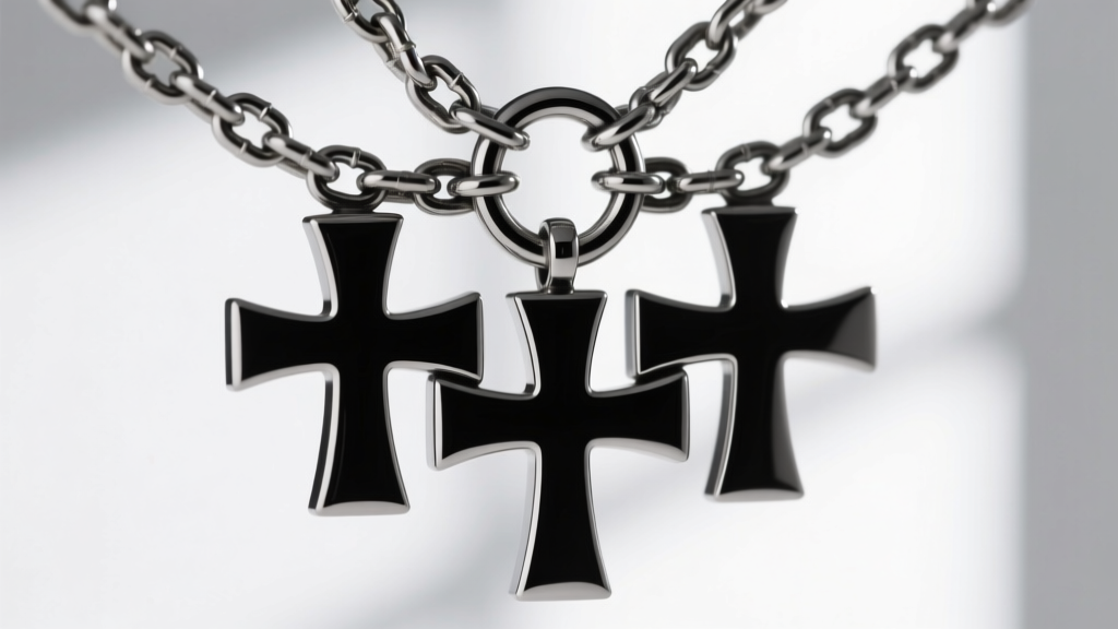 Close-up of a 1.5mm steel box chain connecting to a reinforced soldered jump ring on a triple cross pendant bail mechanism.