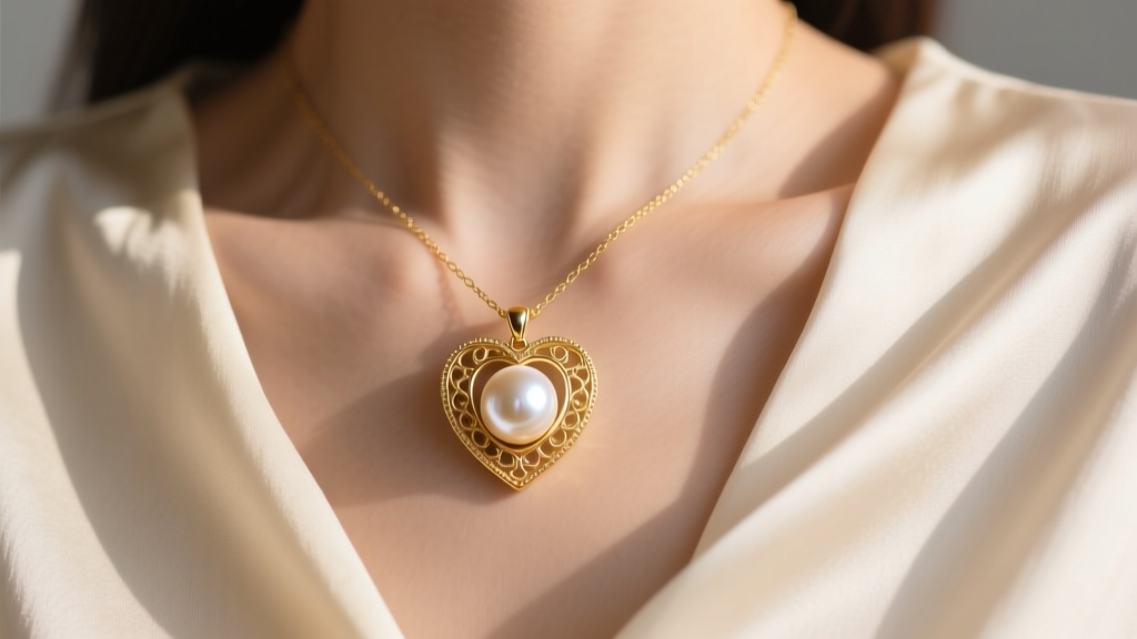 Close-up of a 14k gold heart pearl necklace pendant resting on a collarbone against a cream silk blouse in soft natural light