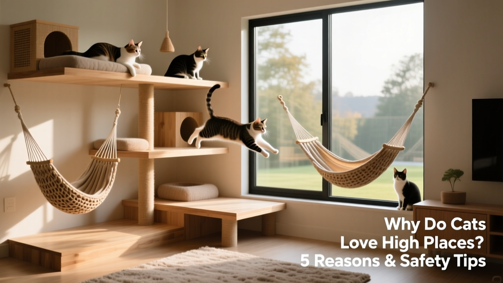 A well-designed indoor catio with multiple levels, hammocks, and a window view—safe and enriching for cats