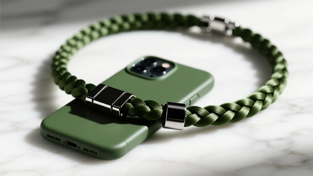 Close-up of a braided nylon necklace phone holder in olive green with matte black stainless steel clasps on white marble.