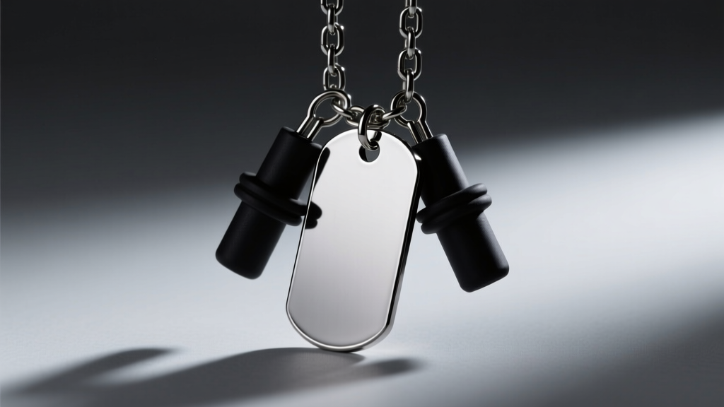 Titanium dog tags with black rubber silencers on a thick titanium chain, photographed under moody, dramatic studio lighting.