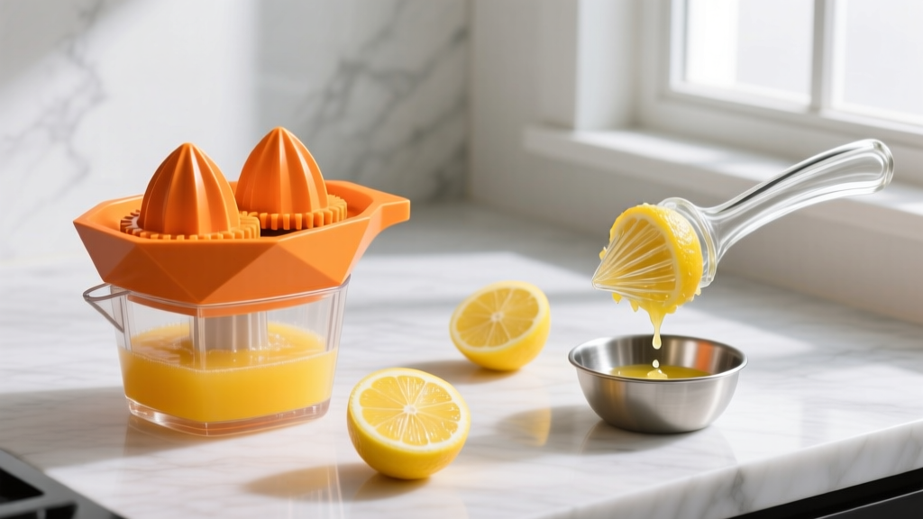 Side-by-side comparison of a bright orange dual-gear citrus juicer and a traditional glass reamer squeezing a halved lemon on a counter