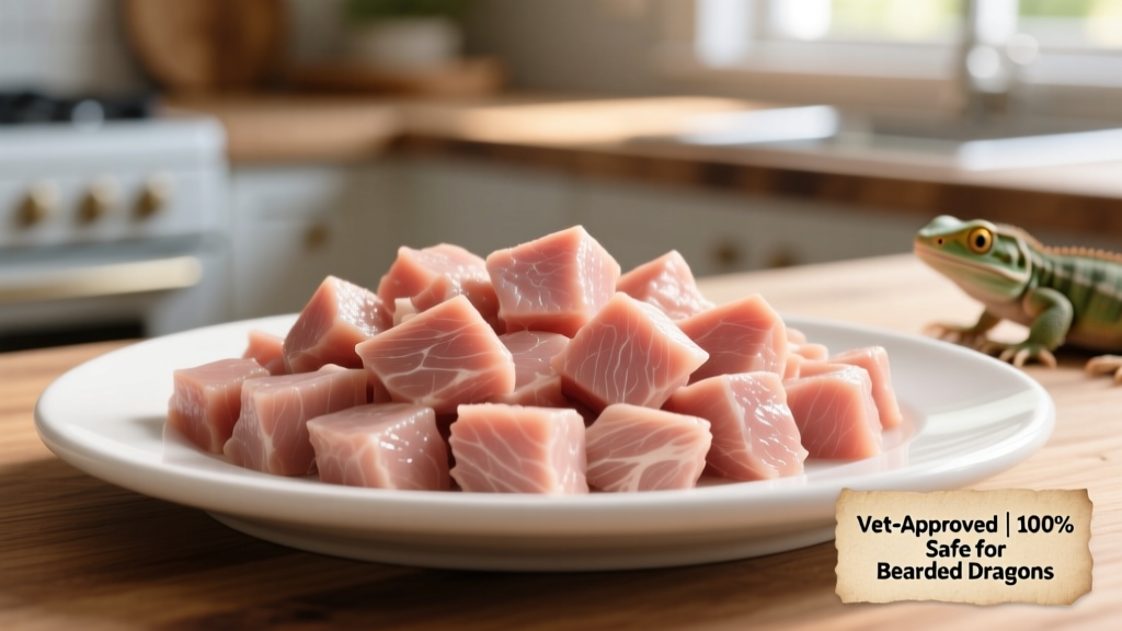 Close-up of plain, cooked, skinless, boneless turkey breast chopped into small pieces on a clean ceramic dish