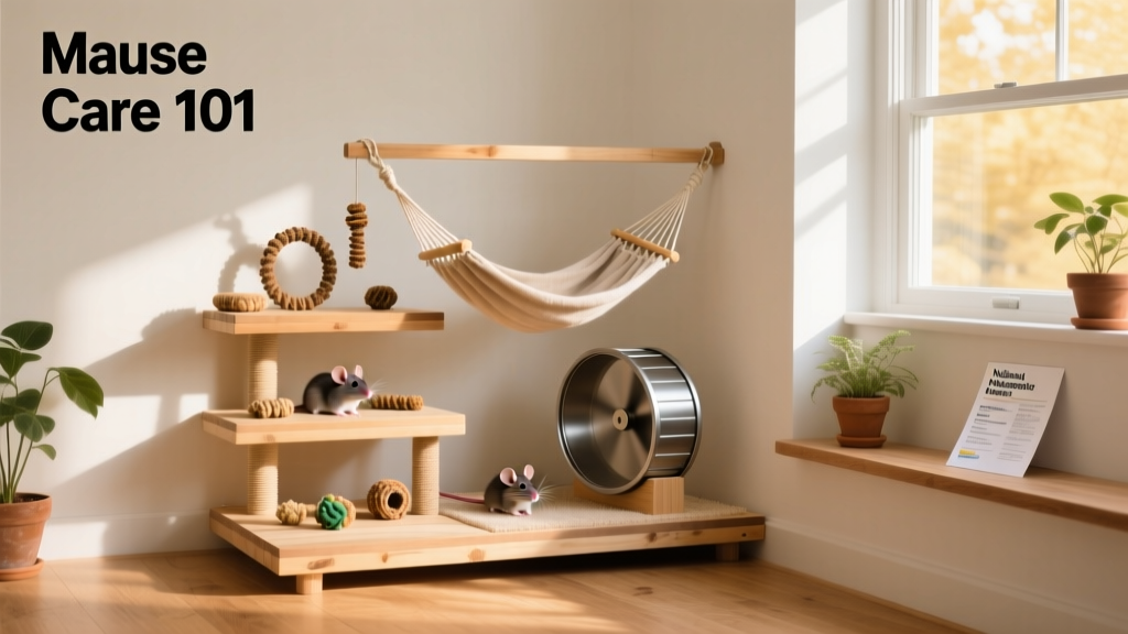 A clean, well-stocked mouse habitat featuring layered platforms, a hanging hammock, chew toys, and a running wheel