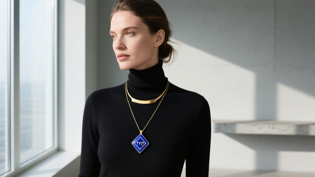 Woman wearing a layered stack with a lapis lazuli TVD amulet and a minimalist gold bar necklace over a dark turtleneck sweater.